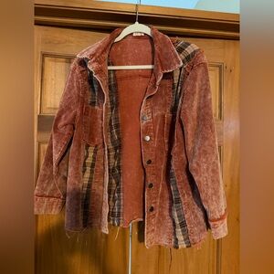 POL Corduroy Shacket in Rust and Plaid